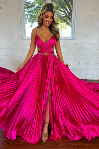Fuchsia Pleated Satin A Line Long Prom Dress with Ruffles