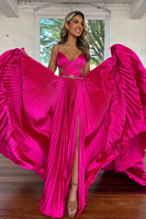 Load image into Gallery viewer, Fuchsia Pleated Satin A Line Long Prom Dress with Ruffles