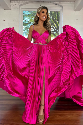 Fuchsia Pleated Satin A Line Long Prom Dress with Ruffles