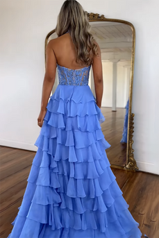 Sky Blue Chiffon Tiered A Line Long Prom Dress with Appliques