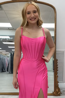 Load image into Gallery viewer, Black Satin Sheath Corset Long Prom Dress with Slit