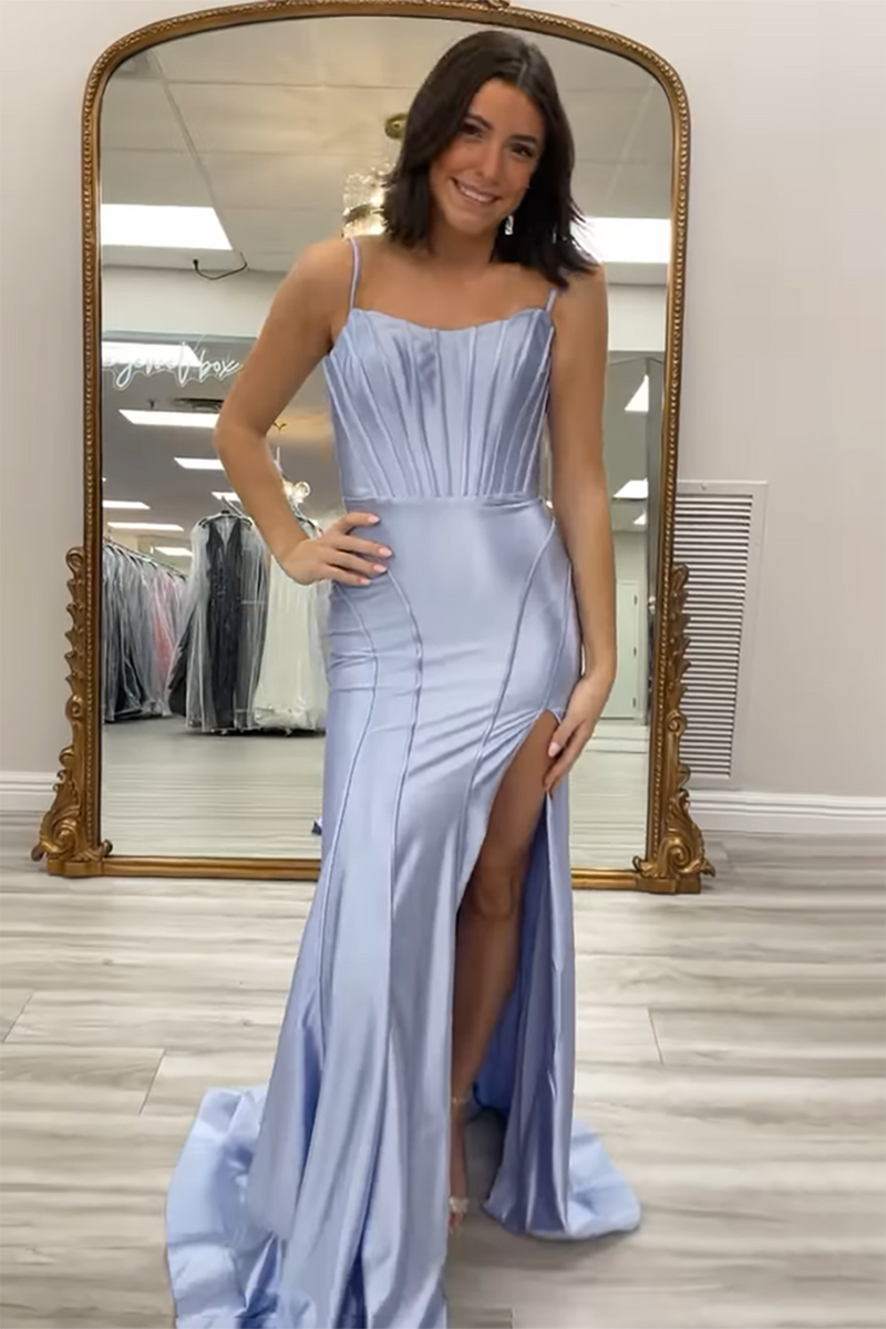 Load image into Gallery viewer, Black Satin Sheath Corset Long Prom Dress with Slit