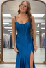 Load image into Gallery viewer, Black Satin Sheath Corset Long Prom Dress with Slit