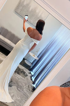 White Corset Sparkly Sheath Long Prom Dress with Slit