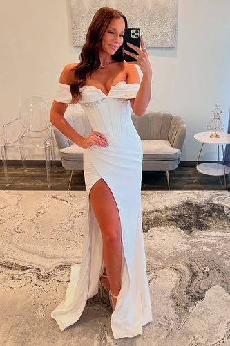 White Corset Sparkly Sheath Long Prom Dress with Slit