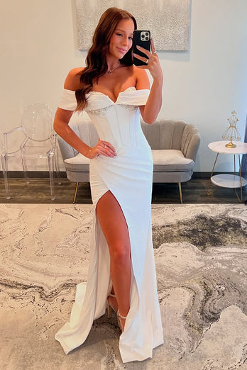 White Corset Sparkly Sheath Long Prom Dress with Slit