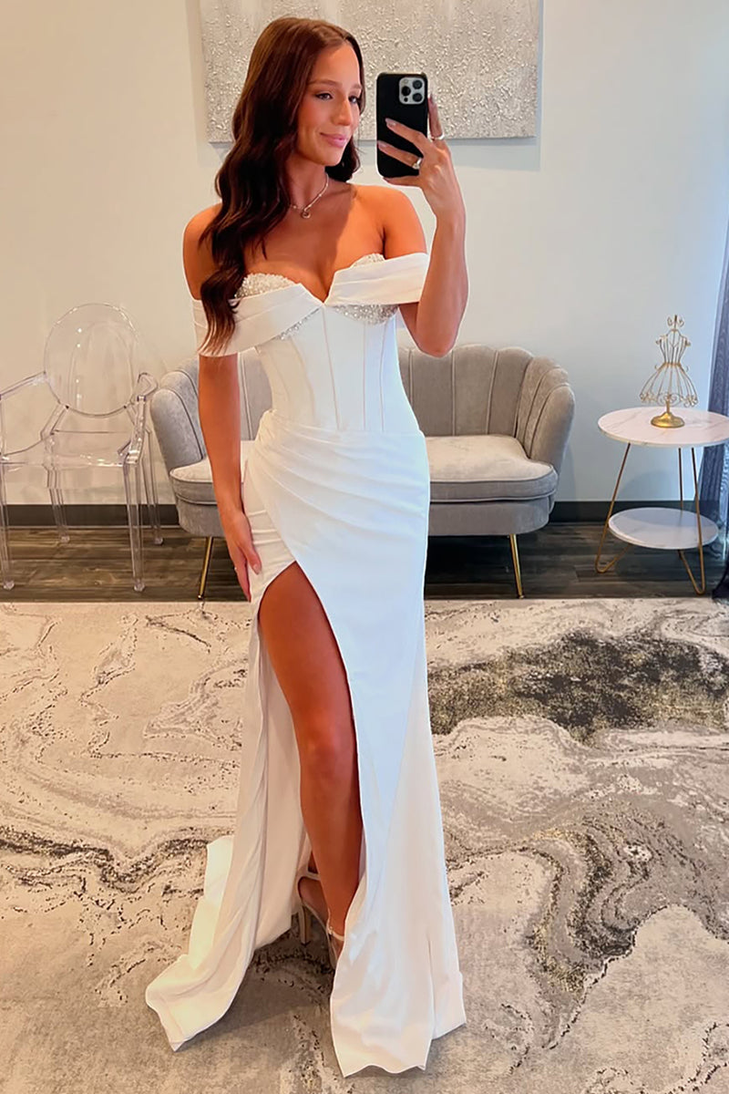 Load image into Gallery viewer, White Corset Sparkly Sheath Long Prom Dress with Slit