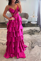 Load image into Gallery viewer, Red Tiered Satin A Line Long Prom Dress with Ruffles
