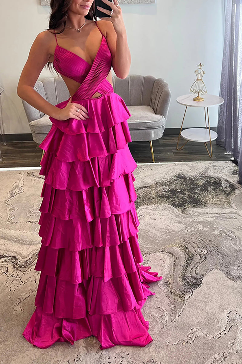 Load image into Gallery viewer, Red Tiered Satin A Line Long Prom Dress with Ruffles