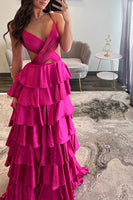 Load image into Gallery viewer, Red Tiered Satin A Line Long Prom Dress with Ruffles