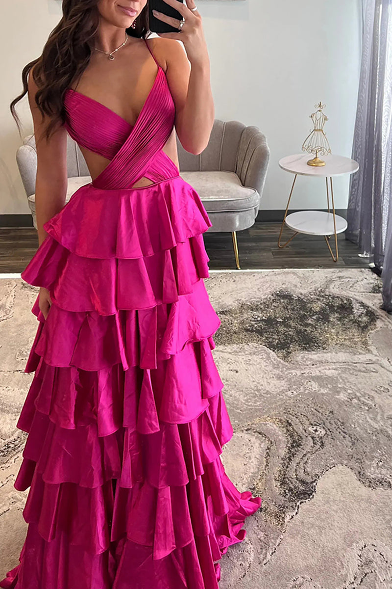 Load image into Gallery viewer, Red Tiered Satin A Line Long Prom Dress with Ruffles