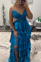 Load image into Gallery viewer, Red Tiered Satin A Line Long Prom Dress with Ruffles