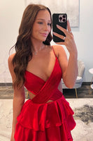 Load image into Gallery viewer, Red Tiered Satin A Line Long Prom Dress with Ruffles