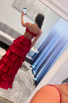 Red Tiered Satin A Line Long Prom Dress with Ruffles