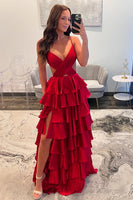 Load image into Gallery viewer, Red Tiered Satin A Line Long Prom Dress with Ruffles