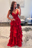 Load image into Gallery viewer, Red Tiered Satin A Line Long Prom Dress with Ruffles