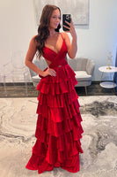 Load image into Gallery viewer, Red Tiered Satin A Line Long Prom Dress with Ruffles