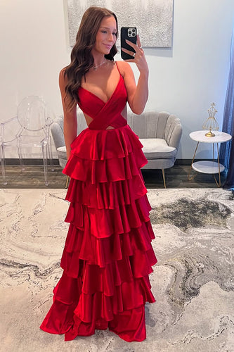 Red Tiered Satin A Line Long Prom Dress with Ruffles