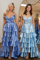 Load image into Gallery viewer, Red Tiered Satin A Line Long Prom Dress with Ruffles