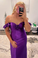Load image into Gallery viewer, Purple Satin Sheath Long Prom Dress with Flower