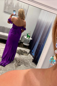 Purple Satin Sheath Long Prom Dress with Flower