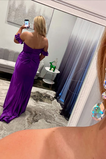 Purple Satin Sheath Long Prom Dress with Flower