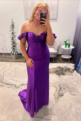 Purple Satin Sheath Long Prom Dress with Flower
