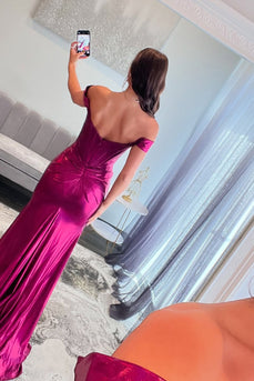 Hot Pink Sheath Satin Long Prom Dress with Slit