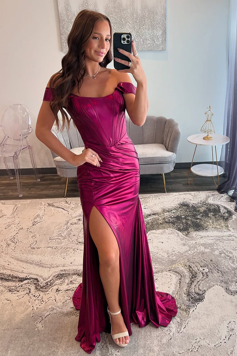 Load image into Gallery viewer, Hot Pink Sheath Satin Long Prom Dress with Slit