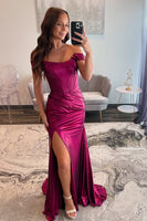 Load image into Gallery viewer, Hot Pink Sheath Satin Long Prom Dress with Slit