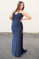Load image into Gallery viewer, Navy Sheath Spaghetti Straps Long Prom Dress with Slit