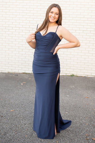 Navy Sheath Spaghetti Straps Long Prom Dress with Slit