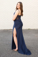Load image into Gallery viewer, Navy Sheath Spaghetti Straps Long Prom Dress with Slit