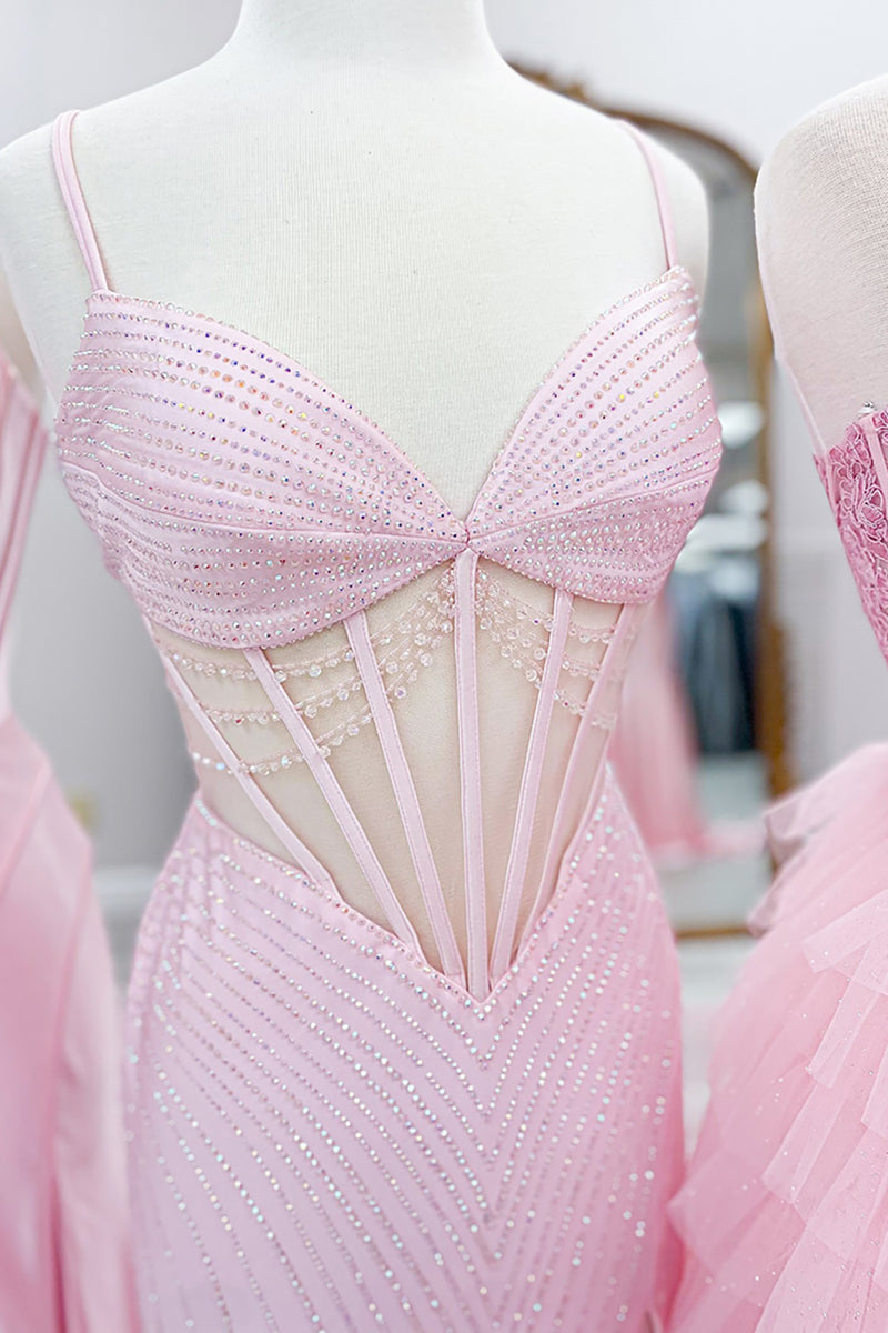 Load image into Gallery viewer, Pink Corset Sheath Sparkly Long Prom Dress with Slit