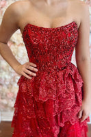 Load image into Gallery viewer, Red Tiered Sparkly A Line Long Prom Dress with Tulle