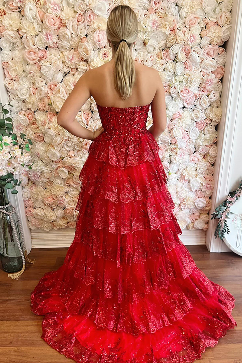 Load image into Gallery viewer, Red Tiered Sparkly A Line Long Prom Dress with Tulle