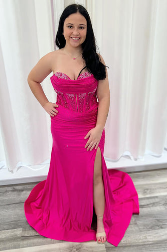 Fuchsia A Line Corset Sweetheart Long Prom Dress with Slit