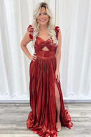 Load image into Gallery viewer, Burgundy Pleated Ruffled Long Prom Dress with Slit