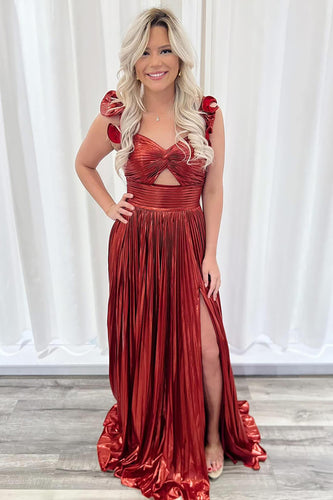 Burgundy Pleated Ruffled Long Prom Dress with Slit