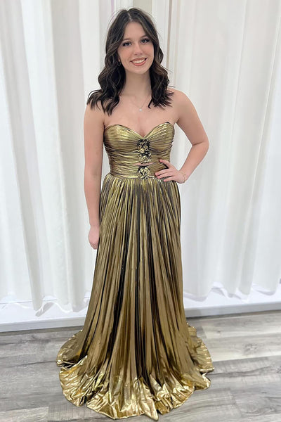 Gold Metallic Sweetheart Long Prom Dress with Slit