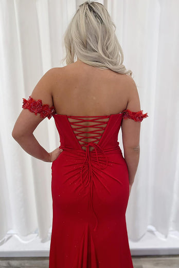 Sparkly Red Off the Shoulder Long Prom Dress with Slit