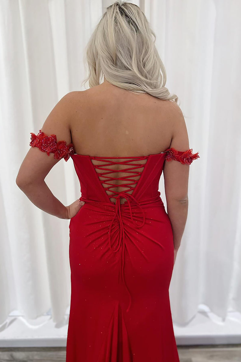 Load image into Gallery viewer, Sparkly Red Off the Shoulder Long Prom Dress with Slit
