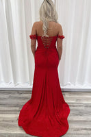 Load image into Gallery viewer, Sparkly Red Off the Shoulder Long Prom Dress with Slit