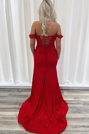 Sparkly Red Off the Shoulder Long Prom Dress with Slit