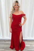 Load image into Gallery viewer, Sparkly Red Off the Shoulder Long Prom Dress with Slit