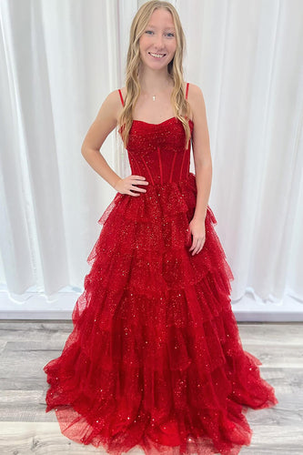 Red Sparkly Tiered Spaghetti Straps Long Prom Dress with Tulle