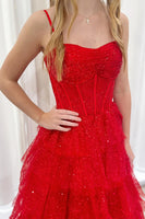 Load image into Gallery viewer, Red Sparkly Tiered Spaghetti Straps Long Prom Dress with Tulle