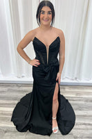 Load image into Gallery viewer, Black Sheath Sweetheart Satin Long Prom Dress with Slit