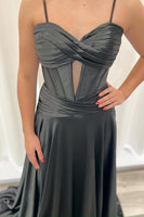 Load image into Gallery viewer, Black A Line Spaghetti Straps Satin Long Prom Dress