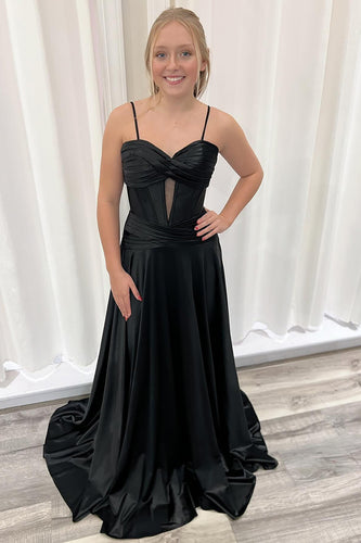 Black A Line Spaghetti Straps Satin Long Prom Dress